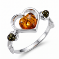 Loving Heart Baltic Honey Amber Ring in Sterling Silver featuring genuine honey Baltic amber set in polished 925 sterling silver, isolated on a white background.