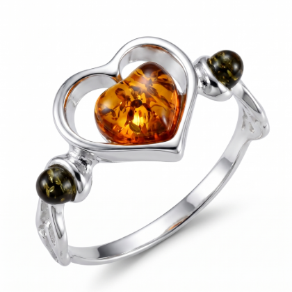 Loving Heart Baltic Honey Amber Ring in Sterling Silver featuring genuine honey Baltic amber set in polished 925 sterling silver, isolated on a white background.