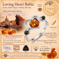 Loving Heart Baltic Honey Amber Ring in Sterling Silver infographic highlighting authentic honey Baltic amber, 925 sterling silver, handcrafted craftsmanship, ring dimensions, and Made in Gdańsk, Poland heritage.