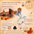 Droplets Baltic Honey Amber Ring in Sterling Silver infographic highlighting authentic honey Baltic amber, 925 sterling silver, handcrafted craftsmanship, ring dimensions, and Made in Gdańsk, Poland heritage.
