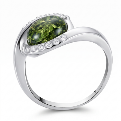 Hazel Baltic Green Amber Ring in Sterling Silver featuring genuine green Baltic amber set in polished 925 sterling silver, isolated on a white background.