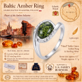 Hazel Baltic Green Amber Ring in Sterling Silver infographic highlighting authentic green Baltic amber, 925 sterling silver, handcrafted craftsmanship, ring dimensions, and Made in Gdańsk, Poland heritage.
