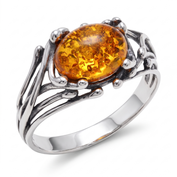 Willow Baltic Honey Amber Ring in Sterling Silver featuring genuine honey Baltic amber set in polished 925 sterling silver, isolated on a white background.