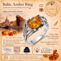 Willow Baltic Honey Amber Ring in Sterling Silver infographic highlighting authentic honey Baltic amber, 925 sterling silver, handcrafted craftsmanship, ring dimensions, and Made in Gdańsk, Poland heritage.