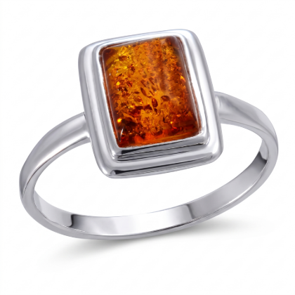 Baltic Honey Amber Rectangle Ring in Sterling Silver featuring genuine rectangular honey Baltic amber set in polished 925 sterling silver, isolated on a white background.