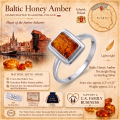 Baltic Honey Amber Rectangle Ring in Sterling Silver infographic highlighting authentic honey Baltic amber, 925 sterling silver, handcrafted craftsmanship, ring dimensions, and Made in Gdańsk, Poland heritage.
