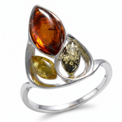 April Multicolor Baltic Amber Ring in Sterling Silver featuring genuine multicolor Baltic amber gemstones set in polished 925 sterling silver, isolated on a white background.