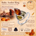 April Multicolor Baltic Amber Ring in Sterling Silver infographic highlighting authentic multicolor Baltic amber, 925 sterling silver, handcrafted craftsmanship, ring dimensions, and Made in Gdańsk, Poland heritage.