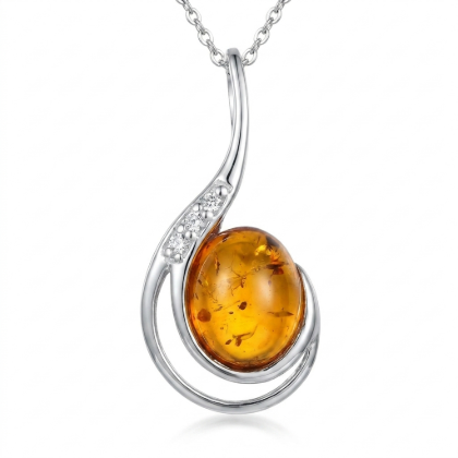 Vivian Baltic Honey Amber Pendant in Sterling Silver featuring genuine honey Baltic amber set in polished 925 sterling silver, isolated on a white background.