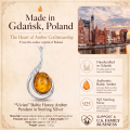 Vivian Baltic Honey Amber Pendant in Sterling Silver infographic highlighting authentic honey Baltic amber, 925 sterling silver, handcrafted craftsmanship, pendant dimensions, and Made in Gdańsk, Poland heritage.