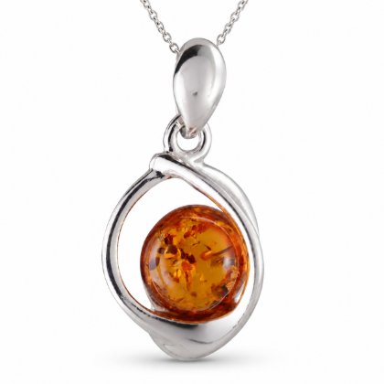 Mona Baltic Honey Amber Pendant in Sterling Silver featuring genuine honey Baltic amber set in polished 925 sterling silver, isolated on a white background.