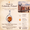 Mona Baltic Honey Amber Pendant in Sterling Silver infographic highlighting authentic honey Baltic amber, 925 sterling silver, handcrafted craftsmanship, pendant dimensions, and Made in Gdańsk, Poland heritage.