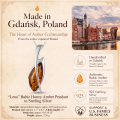 Lena Baltic Honey Amber Pendant in Sterling Silver infographic highlighting authentic honey Baltic amber, 925 sterling silver, handcrafted craftsmanship, pendant dimensions, and Made in Gdańsk, Poland heritage.