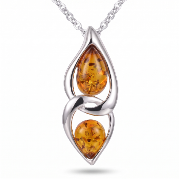 Gianna Baltic Honey Amber Pendant in Sterling Silver featuring genuine honey Baltic amber set in polished 925 sterling silver, isolated on a white background.