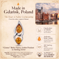 Gianna Baltic Honey Amber Pendant in Sterling Silver infographic highlighting authentic honey Baltic amber, 925 sterling silver, handcrafted craftsmanship, pendant dimensions, and Made in Gdańsk, Poland heritage.
