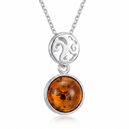 Agatha Baltic Honey Amber Pendant in Sterling Silver featuring genuine honey Baltic amber set in polished 925 sterling silver, isolated on a white background.