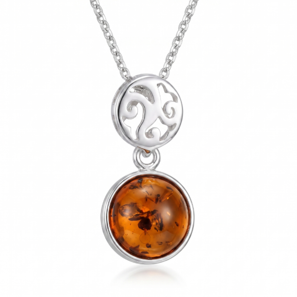 Agatha Baltic Honey Amber Pendant in Sterling Silver featuring genuine honey Baltic amber set in polished 925 sterling silver, isolated on a white background.
