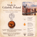 Agatha Baltic Honey Amber Pendant in Sterling Silver infographic highlighting authentic honey Baltic amber, 925 sterling silver, handcrafted craftsmanship, pendant dimensions, and Made in Gdańsk, Poland heritage.