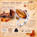 Athena Baltic Honey Amber Ring in Sterling Silver infographic highlighting authentic honey Baltic amber, 925 sterling silver, handcrafted craftsmanship, ring dimensions, and Made in Gdańsk, Poland heritage.