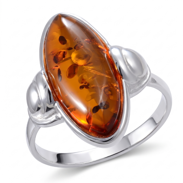 Athena Baltic Honey Amber Ring in Sterling Silver featuring genuine honey Baltic amber set in polished 925 sterling silver, isolated on a white background.