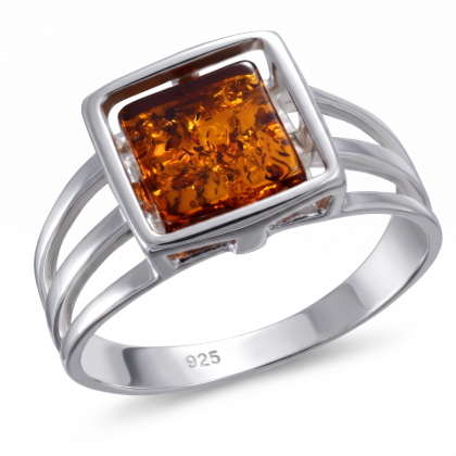 Baltic Honey Amber Square Ring in Sterling Silver featuring genuine square-shaped honey Baltic amber set in polished 925 sterling silver, isolated on a white background.