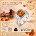 Baltic Honey Amber Square Ring in Sterling Silver infographic highlighting authentic honey Baltic amber, 925 sterling silver, handcrafted craftsmanship, ring dimensions, and Made in Gdańsk, Poland heritage.