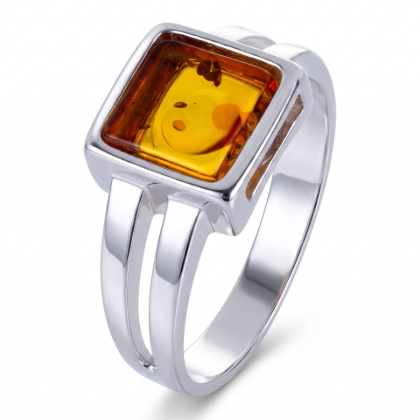Lottie Baltic Honey Amber Square Ring in Sterling Silver featuring genuine square-shaped honey Baltic amber set in polished 925 sterling silver, isolated on a white background.