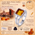 Lottie Baltic Honey Amber Square Ring in Sterling Silver infographic highlighting authentic honey Baltic amber, 925 sterling silver, handcrafted craftsmanship, ring dimensions, and Made in Gdańsk, Poland heritage.
