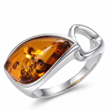 Baltic Honey Amber Contemporary Ring in Sterling Silver featuring genuine honey Baltic amber set in a contemporary polished 925 sterling silver design, isolated on a white background.