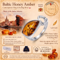 Baltic Honey Amber Contemporary Ring in Sterling Silver infographic highlighting authentic honey Baltic amber, 925 sterling silver, contemporary design, handcrafted craftsmanship, ring dimensions, and Made in Gdańsk, Poland heritage.