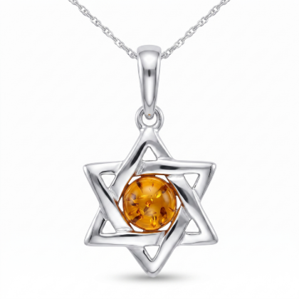 Baltic Amber Star Pendant in Sterling Silver featuring genuine Baltic amber set in a star-shaped polished 925 sterling silver design, isolated on a white background.