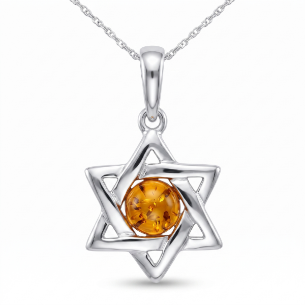 Baltic Amber Star Pendant in Sterling Silver featuring genuine Baltic amber set in a star-shaped polished 925 sterling silver design, isolated on a white background.