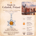 Baltic Amber Star Pendant in Sterling Silver infographic highlighting authentic Baltic amber, 925 sterling silver, handcrafted craftsmanship, pendant dimensions, and Made in Gdańsk, Poland heritage.