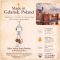 Baltic Amber Heart Pendant in Sterling Silver infographic highlighting authentic Baltic amber, 925 sterling silver, handcrafted craftsmanship, pendant dimensions, and Made in Gdańsk, Poland heritage.