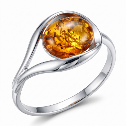 Baltic Honey Amber Ring in Sterling Silver featuring genuine honey Baltic amber set in polished 925 sterling silver, isolated on a white background.