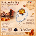 Baltic Honey Amber Ring in Sterling Silver infographic highlighting authentic honey Baltic amber, 925 sterling silver, handcrafted craftsmanship, ring dimensions, and Made in Gdańsk, Poland heritage.
