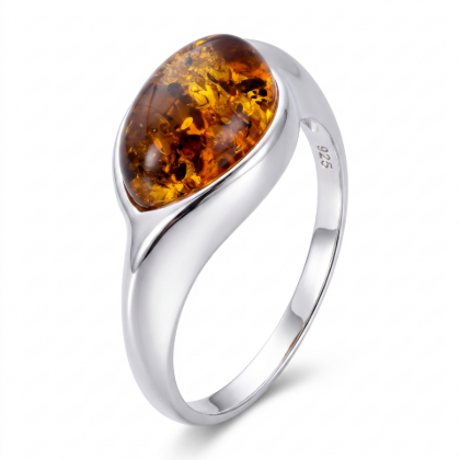 Donna Baltic Honey Amber Ring in Sterling Silver featuring genuine honey Baltic amber set in polished 925 sterling silver, isolated on a white background.