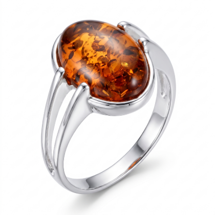 Federica Baltic Honey Amber Ring in Sterling Silver featuring genuine honey Baltic amber set in polished 925 sterling silver, isolated on a white background.