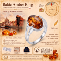Federica Baltic Honey Amber Ring in Sterling Silver infographic highlighting authentic honey Baltic amber, 925 sterling silver, handcrafted craftsmanship, ring dimensions, and Made in Gdańsk, Poland heritage.