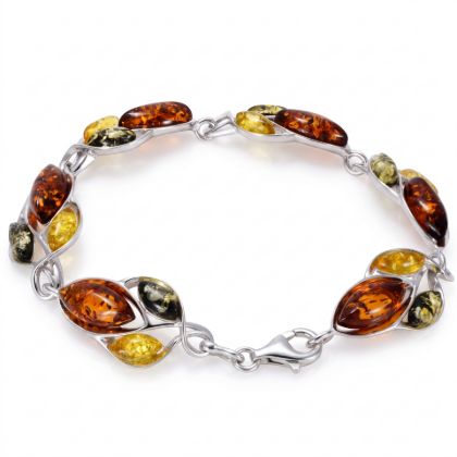 April Baltic Amber Bracelet in Sterling Silver featuring genuine Baltic amber gemstones set in polished 925 sterling silver, isolated on a white background.