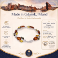 April Baltic Amber Bracelet in Sterling Silver infographic highlighting authentic Baltic amber, 925 sterling silver, handcrafted craftsmanship, bracelet dimensions, and Made in Gdańsk, Poland heritage.