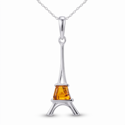 Eiffel Tower Baltic Amber Pendant in Sterling Silver featuring genuine Baltic amber set in a polished 925 sterling silver Eiffel Tower design, isolated on a white background.