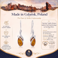 Gemma Baltic Honey Amber Oval Drop Earrings in Sterling Silver infographic highlighting authentic honey Baltic amber, 925 sterling silver, handcrafted craftsmanship, earring dimensions, and Made in Gdańsk, Poland heritage.