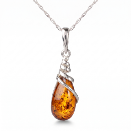 Eleanor Baltic Amber Pendant in Sterling Silver featuring genuine Baltic amber set in polished 925 sterling silver, isolated on a white background.