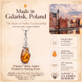 Eleanor Baltic Amber Pendant in Sterling Silver infographic highlighting authentic Baltic amber, 925 sterling silver, handcrafted craftsmanship, pendant dimensions, and Made in Gdańsk, Poland heritage.