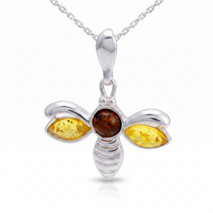 Bumble Bee Baltic Amber Bumblebee Pendant in Sterling Silver featuring genuine Baltic amber set in a polished 925 sterling silver bumblebee design, isolated on a white background.