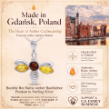 Bumble Bee Baltic Amber Bumblebee Pendant in Sterling Silver infographic highlighting authentic Baltic amber, 925 sterling silver, bumblebee design, handcrafted craftsmanship, pendant dimensions, and Made in Gdańsk, Poland heritage.