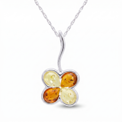 Clover Baltic Amber Pendant in Sterling Silver featuring genuine Baltic amber set in polished 925 sterling silver, isolated on a white background.