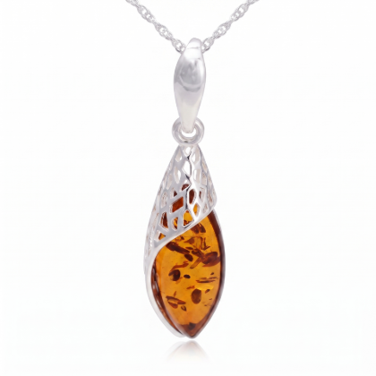 Summer Baltic Amber Pendant in Sterling Silver featuring genuine Baltic amber set in polished 925 sterling silver, isolated on a white background.