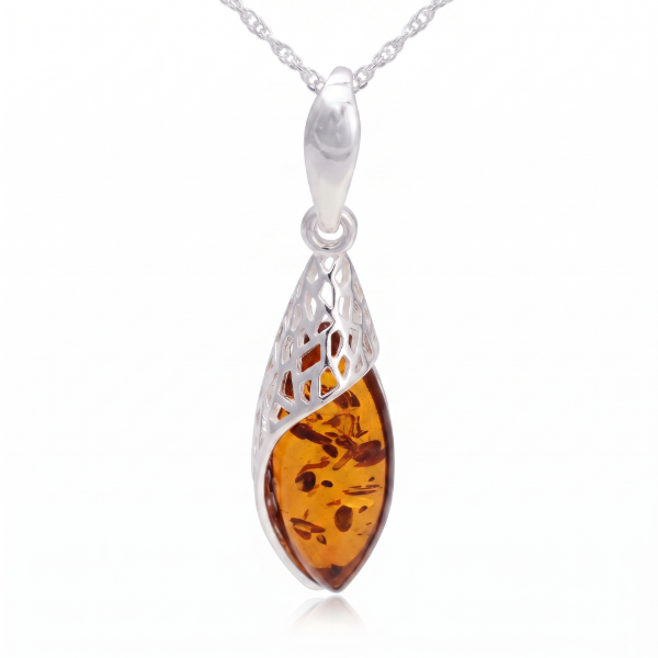 Summer Baltic Amber Pendant in Sterling Silver featuring genuine Baltic amber set in polished 925 sterling silver, isolated on a white background.